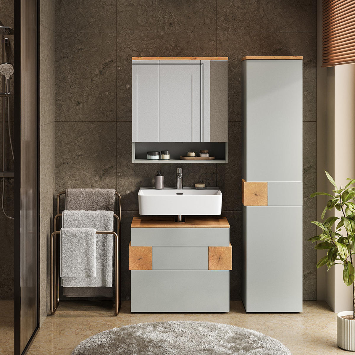 BADMÖBEL-SET Eden Grau/Artisan 3 Teile - Grau, Holzwerkstoff (70/64.5/37cm) - Vicco
