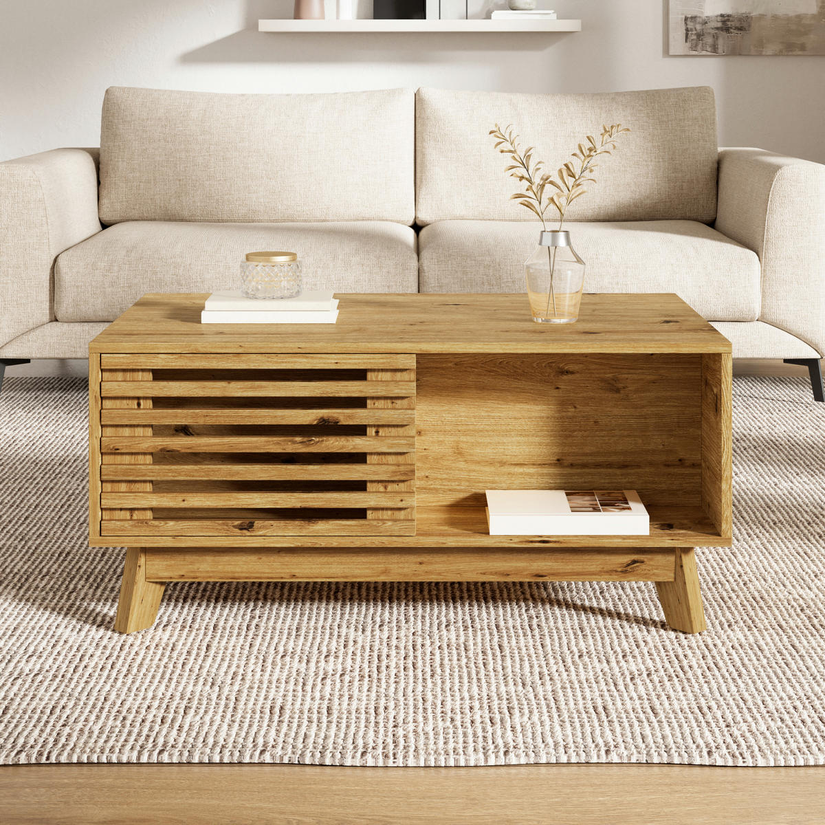 COUCHTISCH höhenverstellbar mit Jalousietür und MDF-Korpus - Naturfarben, Holzwerkstoff (55/90/57.5cm) - FLIEKS