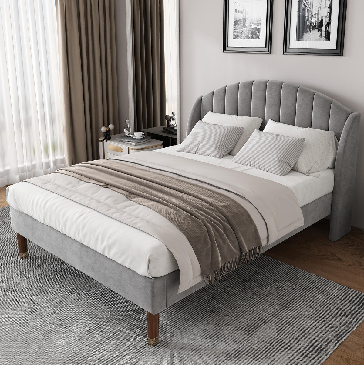 POLSTERBETT aus Samt 160x200 cm in Grau mit Lattenrost & Kopfteil - Grau, Textil (160/200cm) - Modfu