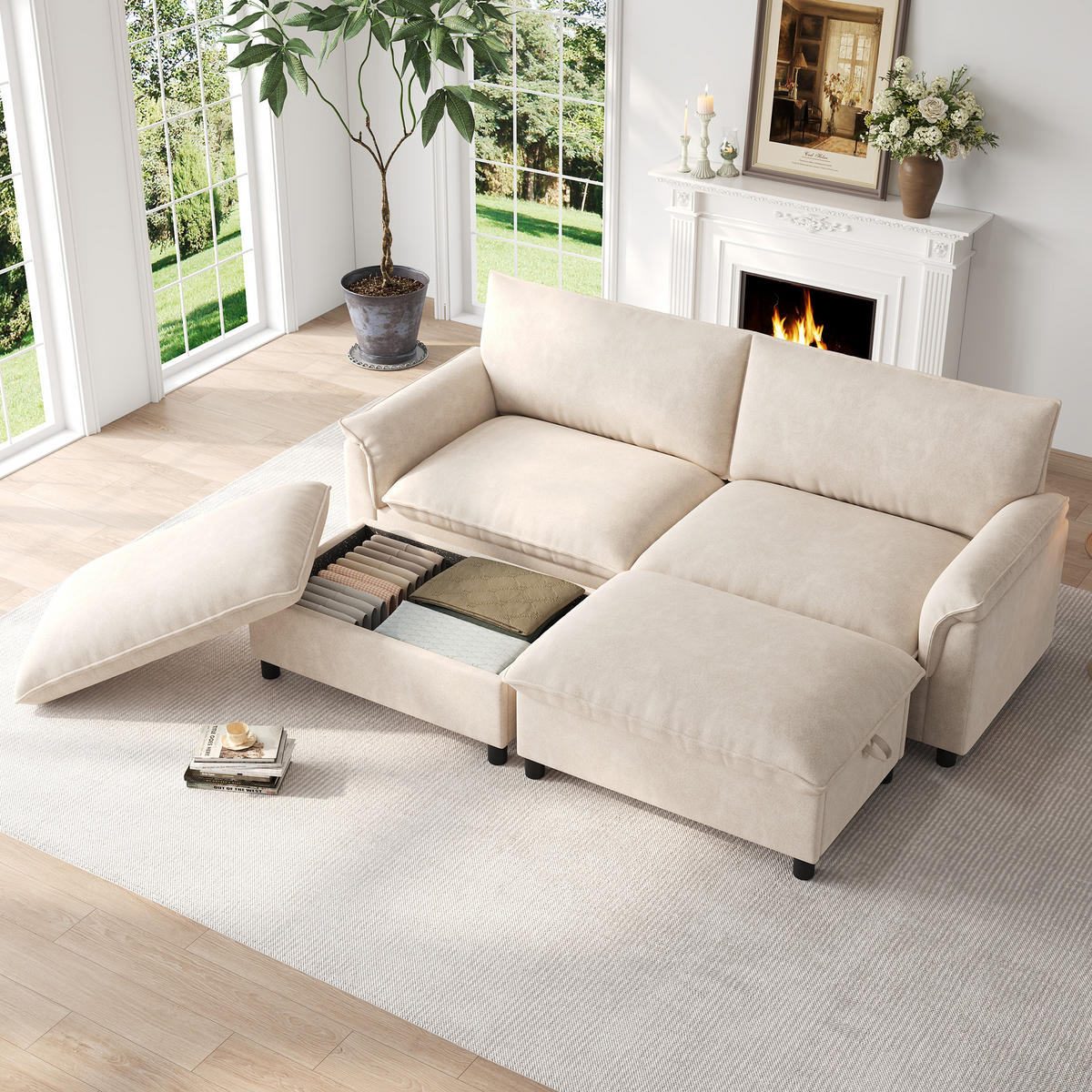 WOHNLANDSCHAFT mit 2 Aufbewahrungs-Ottomane 216/142/82 cm Beige - Beige, Textil (77/82/216cm) - Oxeza