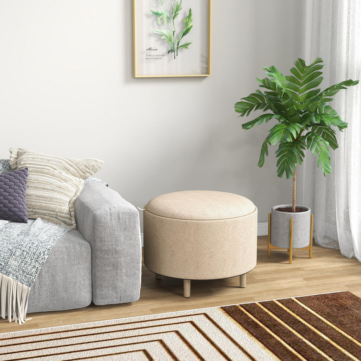 POUF DE-16380 3-in-1 mit reversiblem Deckel und Holzbeinen Beige - Beige, Textil (56/42/56cm) - ComfortXL