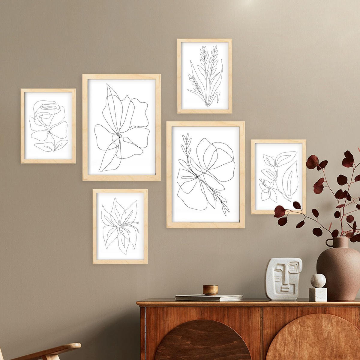 POSTER Set Mit 6 Blumenrahmen 1 Abstrakt Größe A3 & A4 Rahmen aus hellem Holz - Beige, Papier (29.7/1cm) - Nacnic