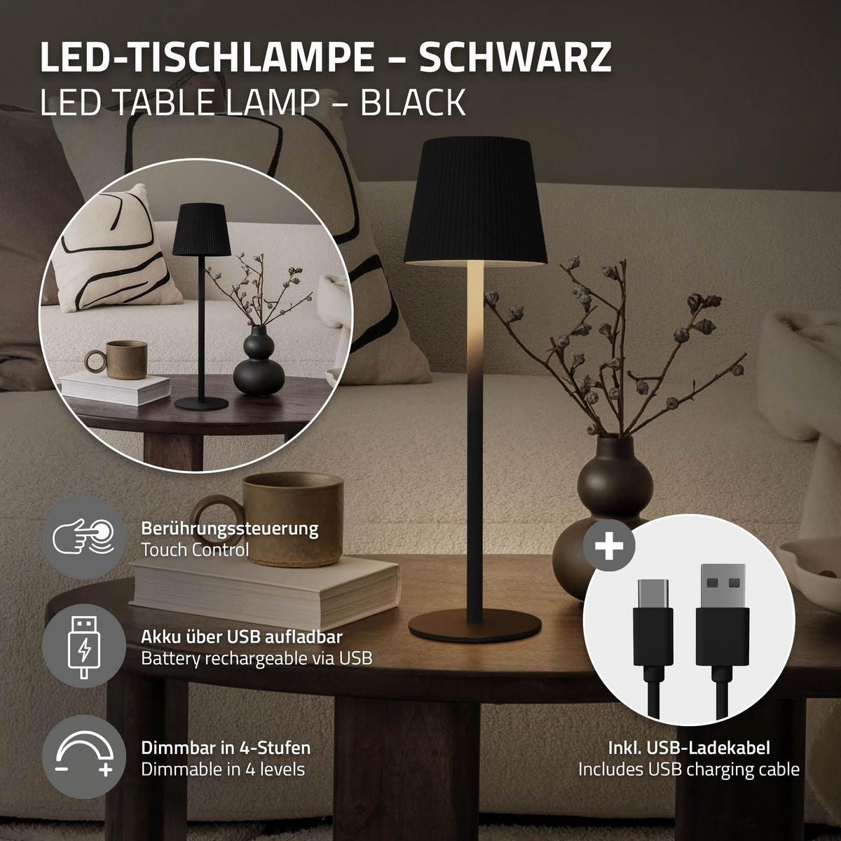 LED TISCHLAMPE kabellos mit Touch Schwarz Ø10x36 cm Warmweiß Dimmbar - Schwarz, Kunststoff (10/10/36cm) - ML-DESIGN