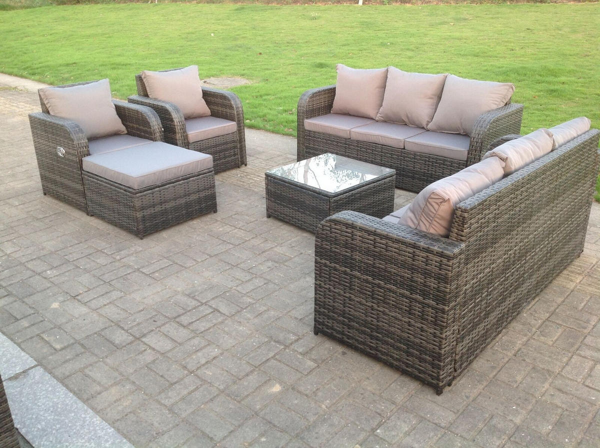 GARTENMÖBEL SET MIT LIEGESTUHL Polyrattan Outdoor 9-Sitzer - Dunkelgrau/Grau, Glas/Kunststoff - Fimous