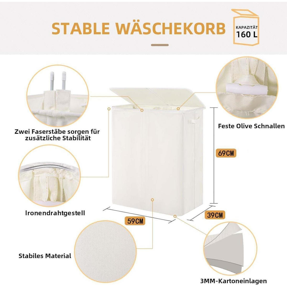 WÄSCHEKORB mit Deckel 160L 3 Fächer Beige - Weiß, Textil (39/69/59cm)