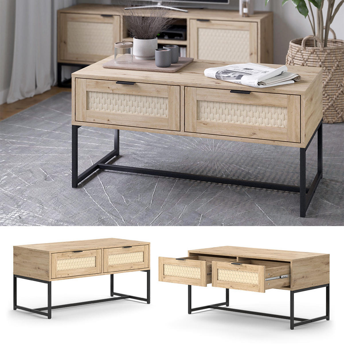 WOHNZIMMERTISCH Natal Sonoma 100 x 48 cm mit zwei Schubladen - Sonoma Eiche, Holzwerkstoff (48/100/49.5cm) - Vicco