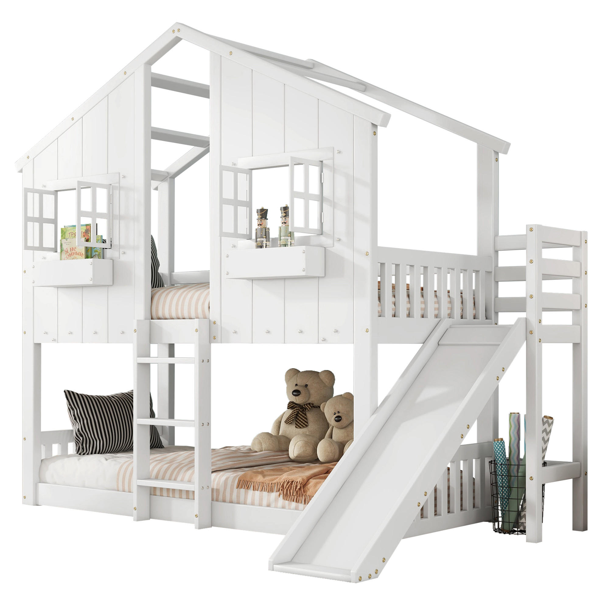 ETAGENBETT 90/200 cm mit Rutsche, Dach, Fenstern und Fallschutz, Kiefer/MDF, Weiß/Natur - Weiß, Holz (90/200cm) - Redom