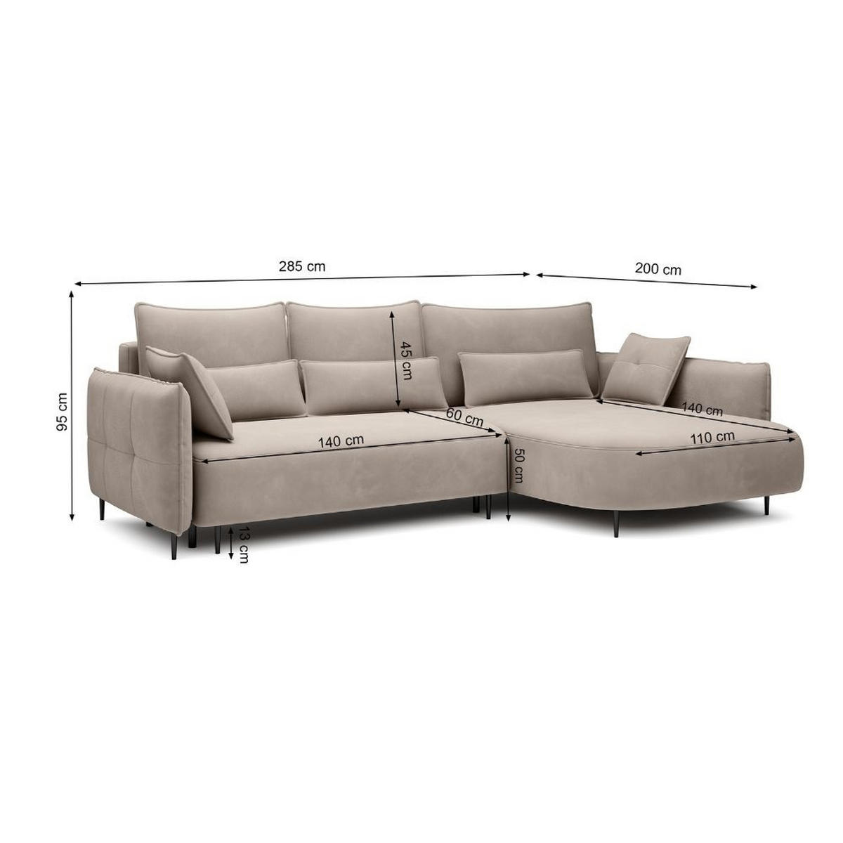 ECKSOFA Oblivio Hellbraun Velours - Hellbraun/Schwarz, Textil/Metall (285/200cm) - Selsey