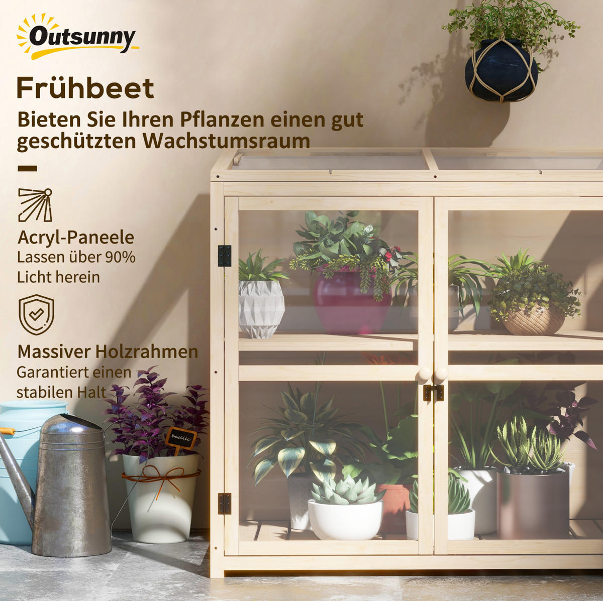 GEWÄCHSHAUS 103/61/95-103 cm aus Holz mit Dachfenster und Doppeltüren - Naturfarben, Holz (61/103/103cm) - Flora Grace