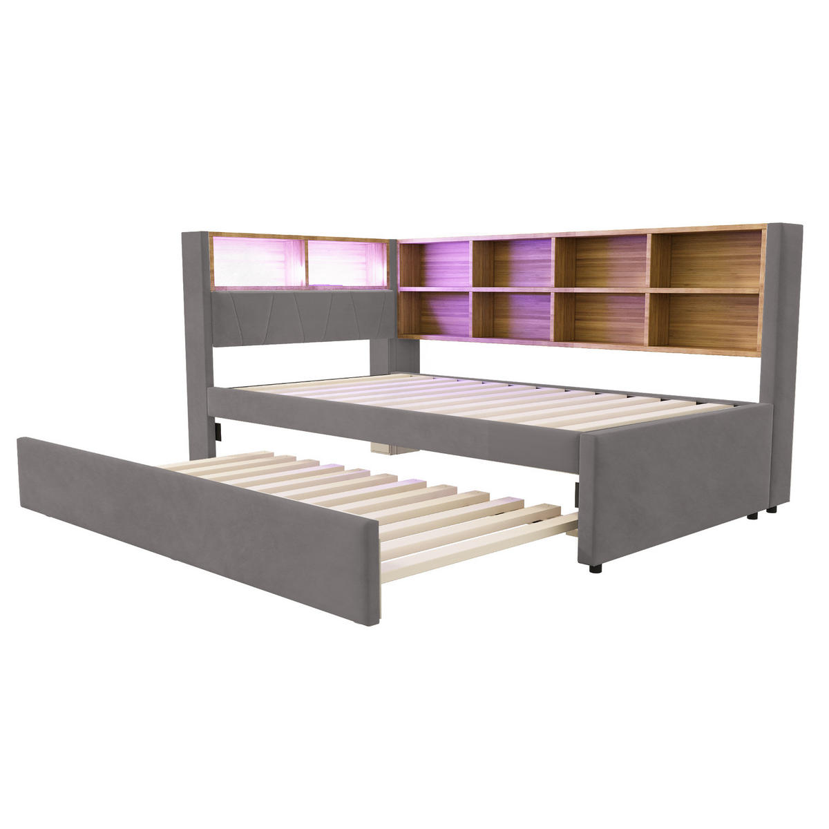 BETT mit Ausziehbett 90/190 cm Dunkelgrau Flanell mit LED-Leuchten & Ladeanschlüssen - Dunkelgrau, Textil (90/190cm) - OKWISH