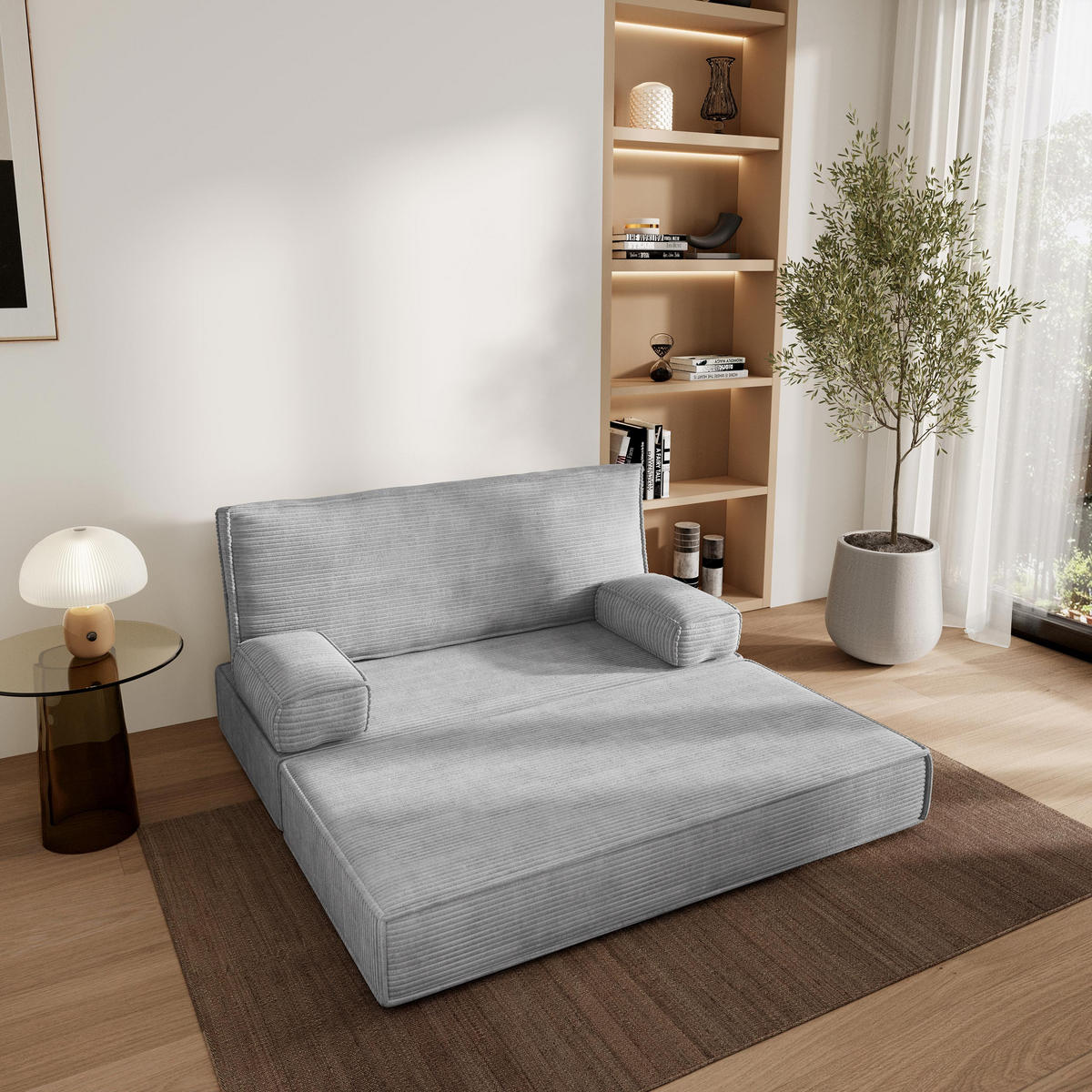POHOVKA z pěny LADIA s funkcí spaní Manšestrová látka Světle šedá - světle šedá, textil (140/86/60cm) - MASSENO