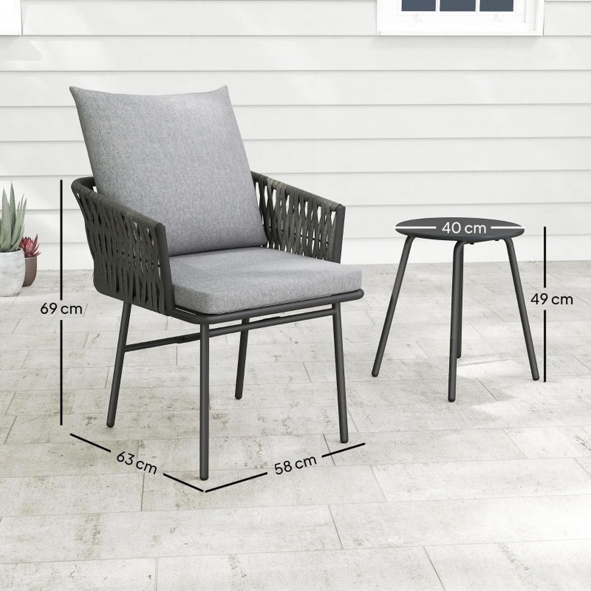 RATTAN BISTROSET 3-tlg. Grau mit 2 Gartensesseln & Couchtisch abnehmbare Kissen - Grau, Metall - ComfortXL