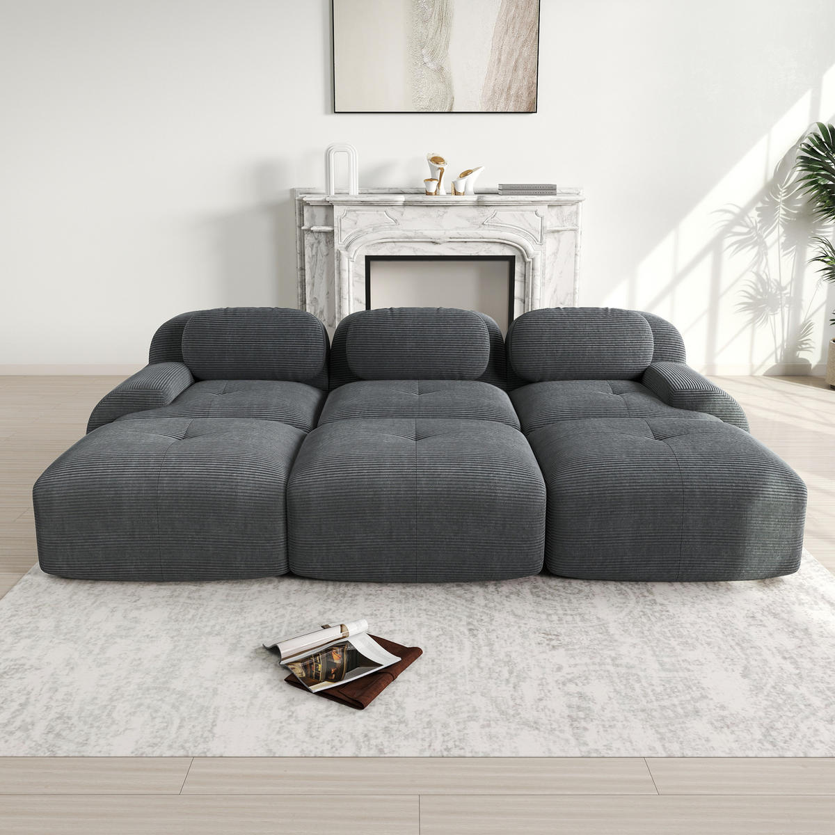 3-STIZER Sofa rahmenlos mit 32D-Hochdichteschaum, geschwungenen Armlehnen und Cordstoff, Grau - Grau, Textil (298/75/178cm) - Redom