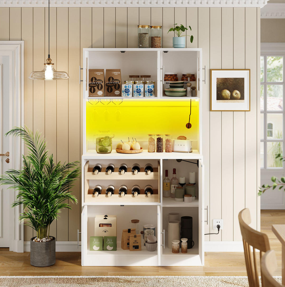BUFFETSCHRANK 100/40/180 cm aus MDF mit RGB-LED, Steckdose, Weinregal und Riffelglastüren, Weiß - Weiß, Holzwerkstoff (100/180/40cm) - Redom