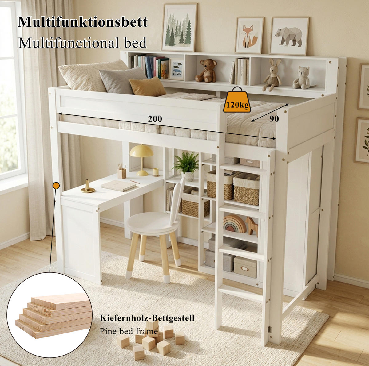 ETAGENBETT 90/200 cm aus Holz mit Tisch und Kleiderschrank, Weiß - Weiß, Holz (90/200cm) - OKMYHOME