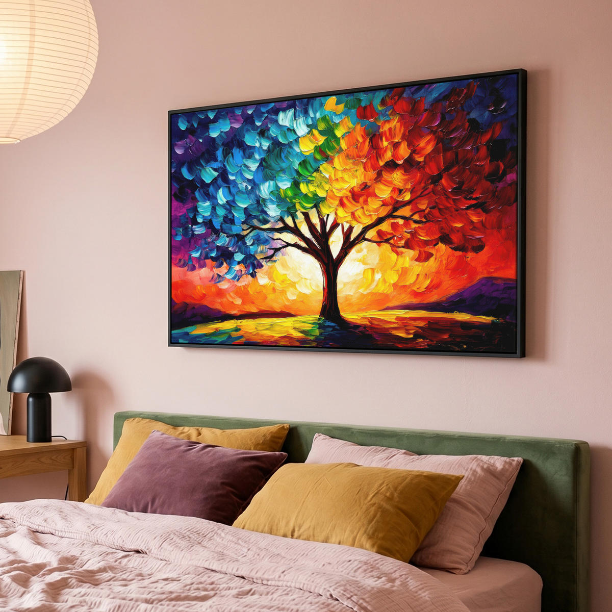 LEINWAND Bilder mit Rahmen - Baum - Kunst - Natur - Sonnenuntergang - 140x90 - Multicolor, Textil (140/90cm) - MuchoWow