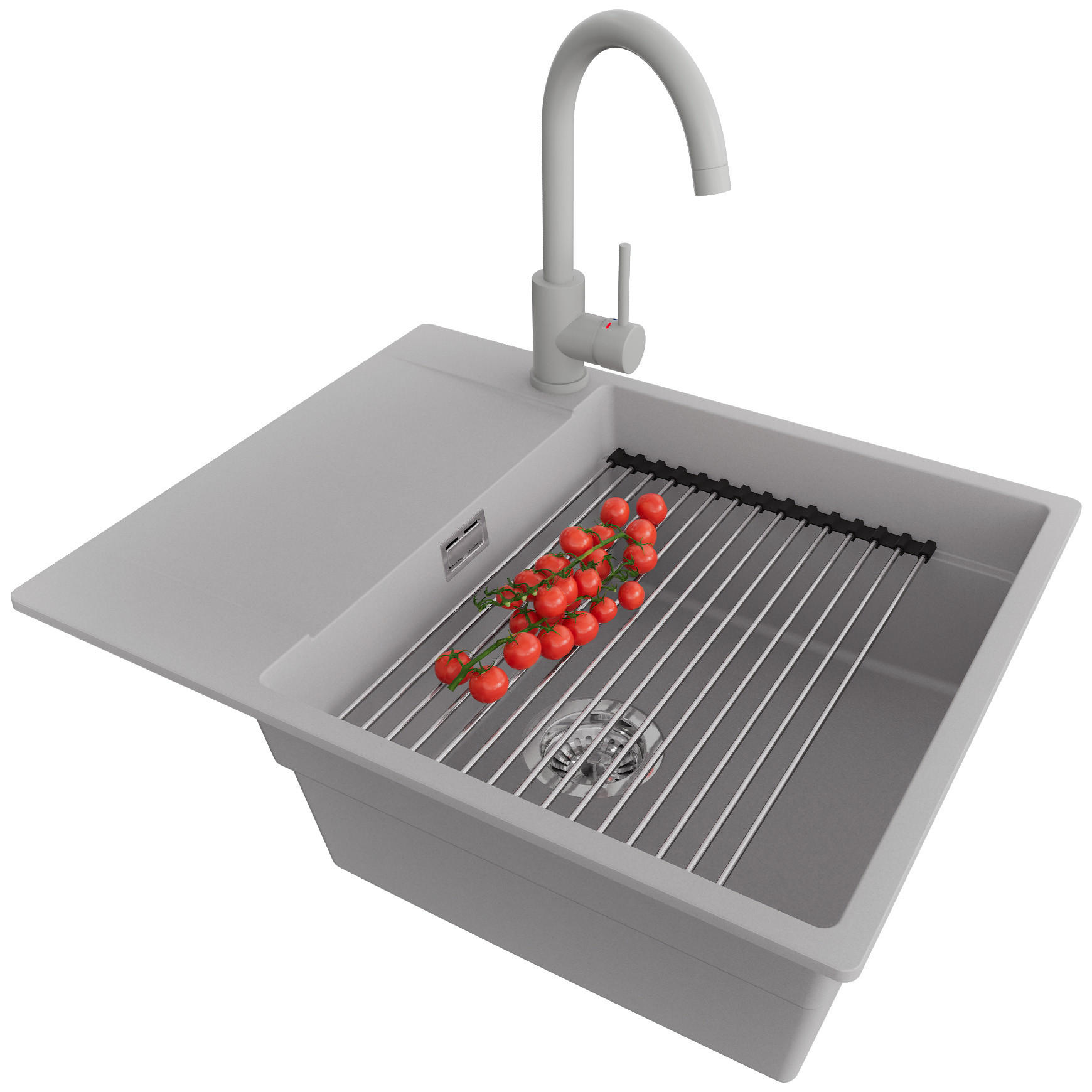 GRANITSPÜLE San Francisco, 2-er set Grau 62/50 cm 1 Becken + Küchenarmatur 32/20 cm + Ablauf-Set + Aufrollbare Abtropffläche ab 50er Unterschrank - Chromfarben/Grau, Kunststoff (62/20/50cm) - Primagran