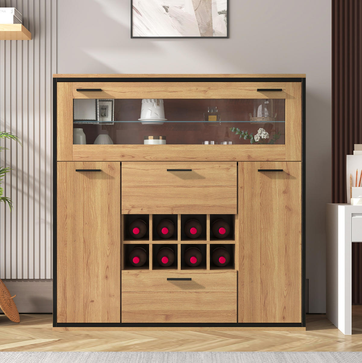 SIDEBOARD 110/38/111 cm in Natur/Schwarz mit Weinregalen und LED-Beleuchtung - Naturfarben, Holzwerkstoff (110/111/38cm) - Flora Grace