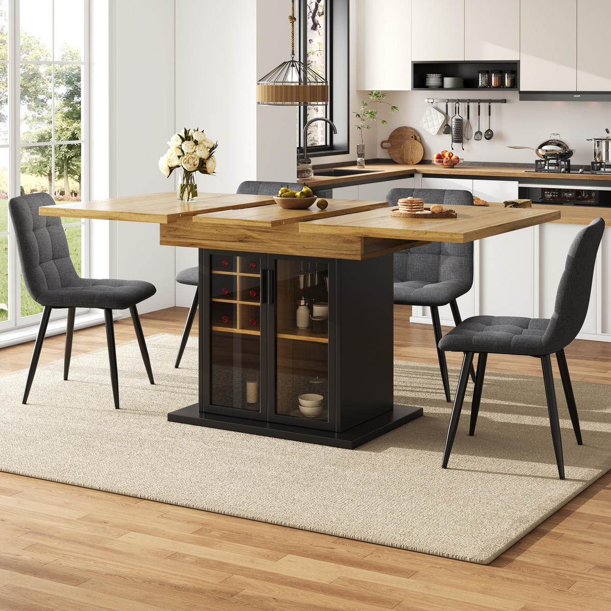 AUSZIEHTISCH 110/80/76 cm Schwarz mit Weinregal-Einsatz und Glastür aus MDF - Schwarz, Holzwerkstoff (110/80/76cm) - OKWISH