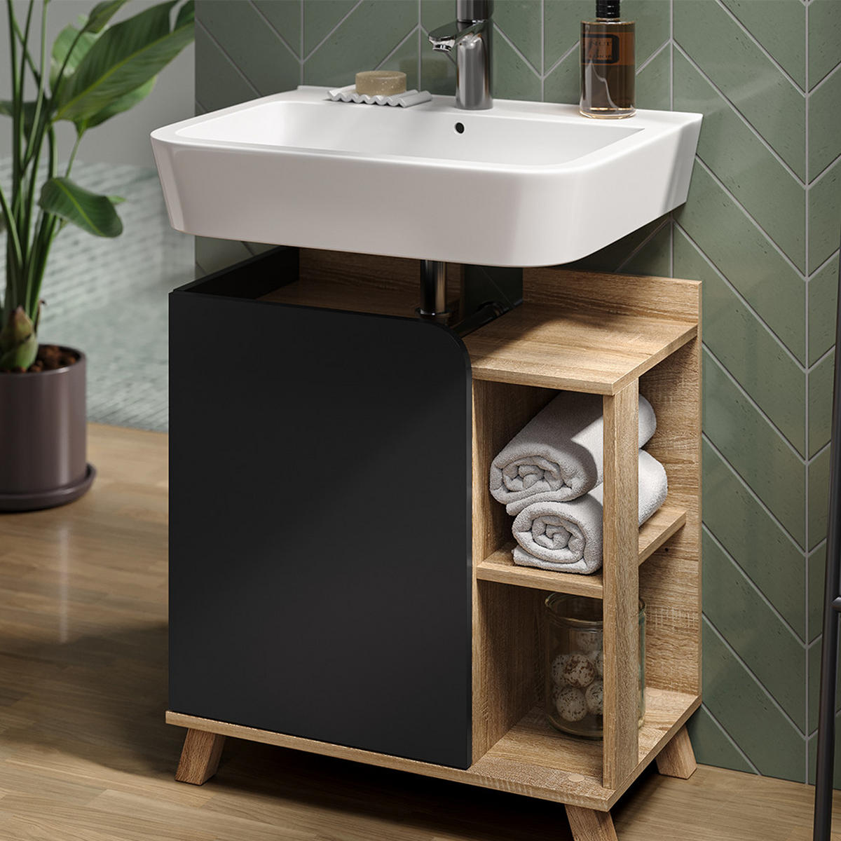 BADMÖBEL-SET Karen Anthrazit 2 Teile - Anthrazit/Sonoma Eiche, Holzwerkstoff (60/65/35cm) - Vicco