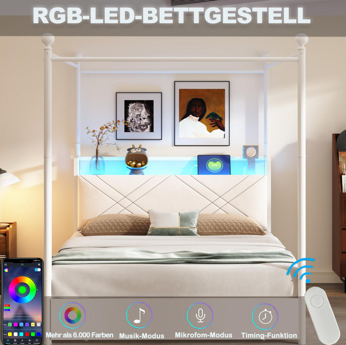 JUGENDBETT Himmelbett 140/190 cm aus Metall mit LED USB-C und Bettkasten Weiß - Weiß, Metall (140/190cm) - Modenvie