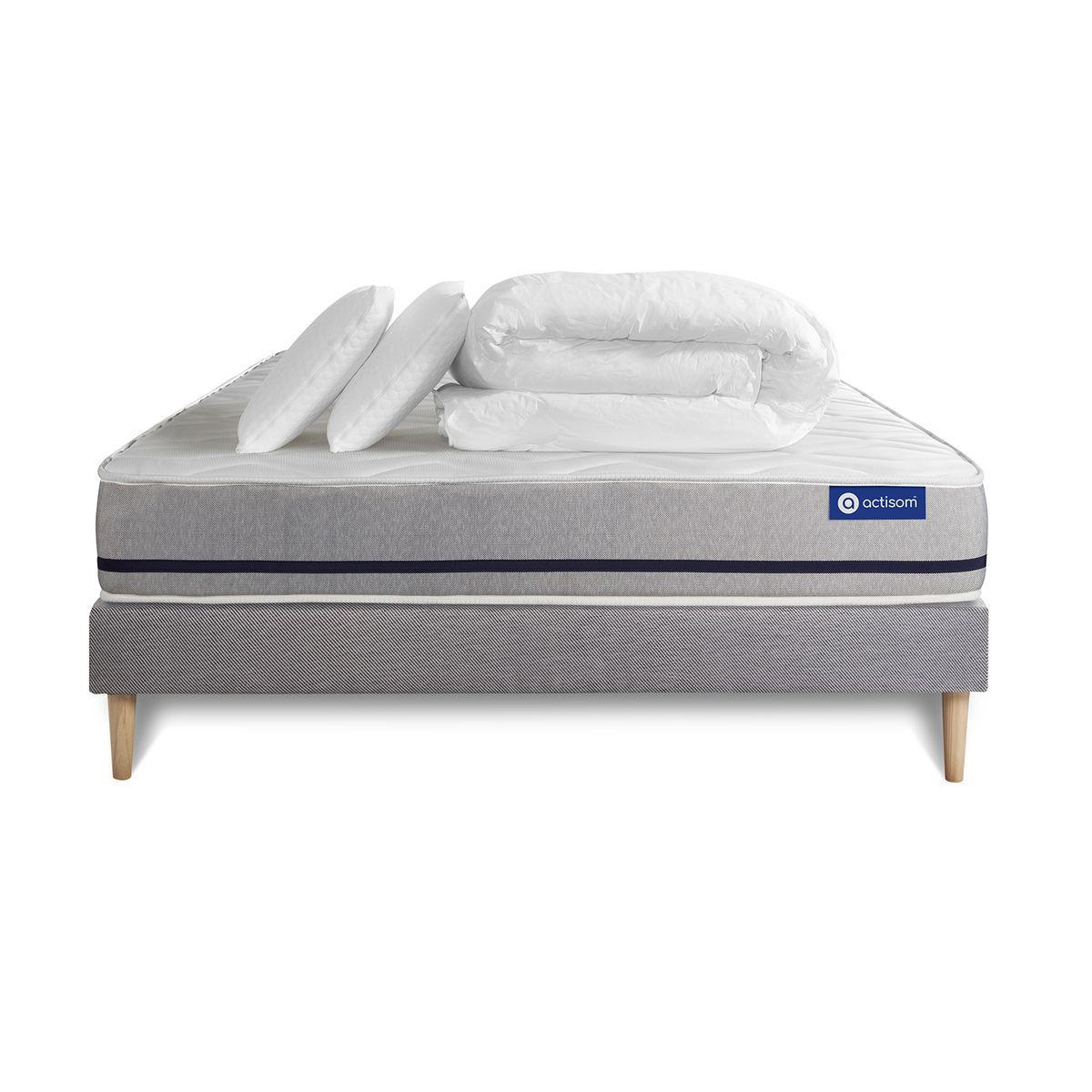 BETT Actiflex soft Taschenfederkern 140 x 200 cm h2 - Kit Bettgestell Grau - Mit Kissen und Bettdecke - Beige/Grau, Karton/Holz (140/200cm) - ACTISOM
