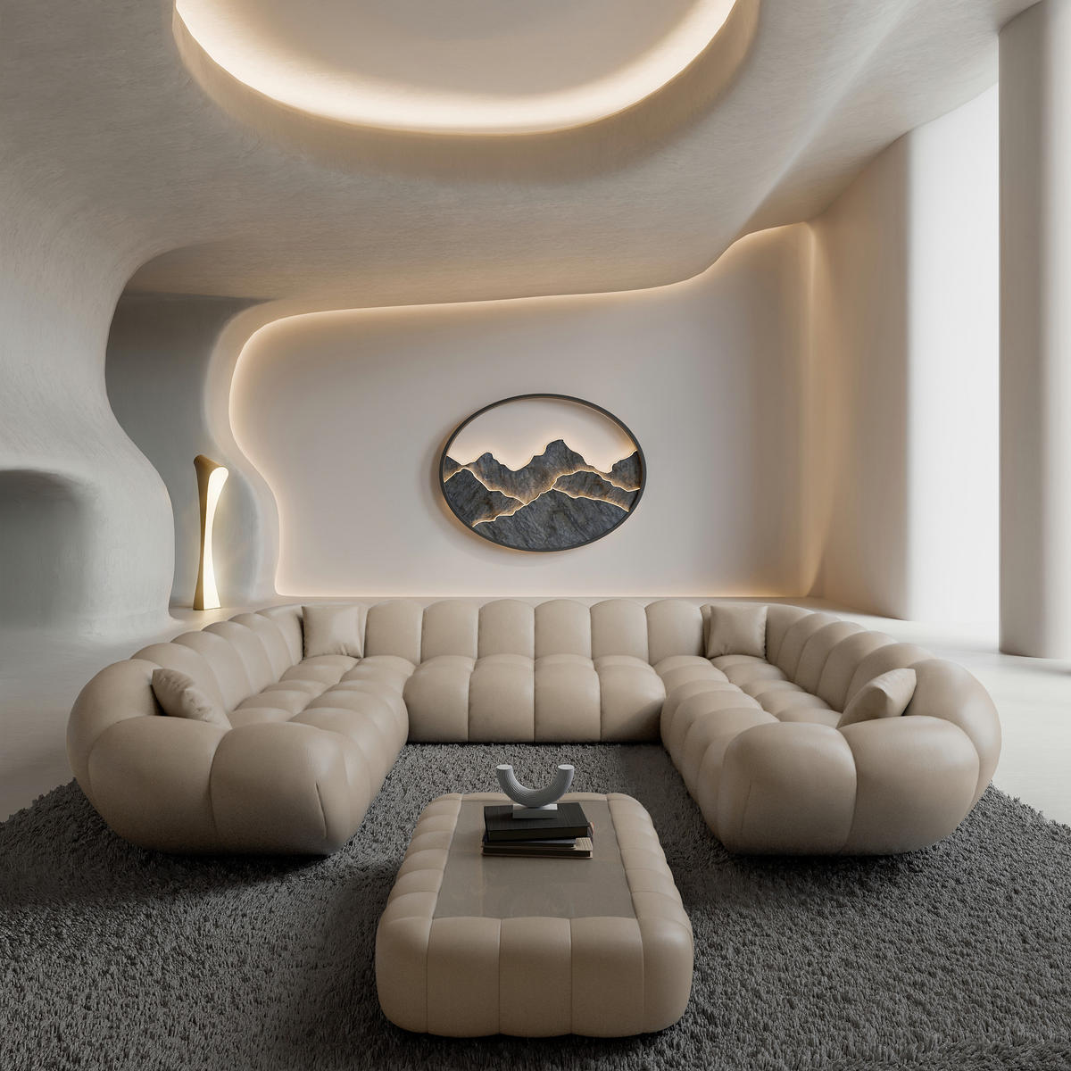 WOHNLANDSCHAFT Liva Beige Kunstleder U-Form XXL Panorama - Beige, Kunststoff (316/70/258cm) - VAROYAL