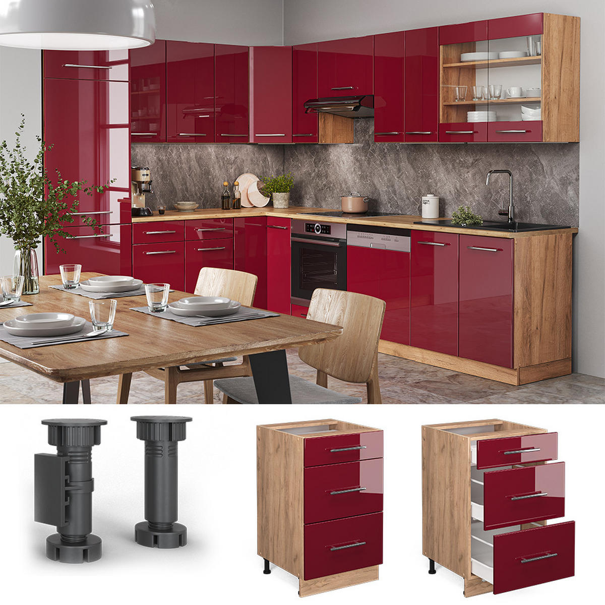 KÜCHENUNTERSCHRANK Fame-Line Bordeaux Hochglanz 50 cm, AP Anthrazit - Honigeiche/Bordeaux, Holzwerkstoff (50/82/60cm) - Vicco