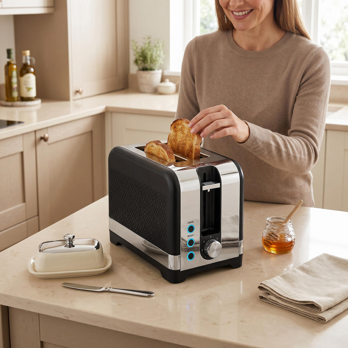 TOASTER 930 W 2-Scheiben mit Bräunungsstufen, Auftaufunktion, Aufwärmfunktion - Schwarz, Kunststoff (15.6/18.9/26.4cm) - Korfee