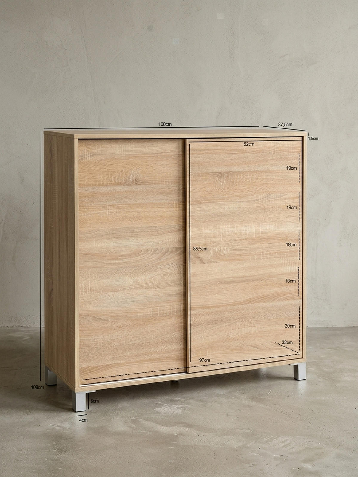 SCHUHSCHRANK Holz für 20 Paar Schuhe mit Schiebetüren, Beige 100x38x108 cm - Beige/Silberfarben, Holz/Kunststoff (100/108/38cm) - KADIMA DESIGN