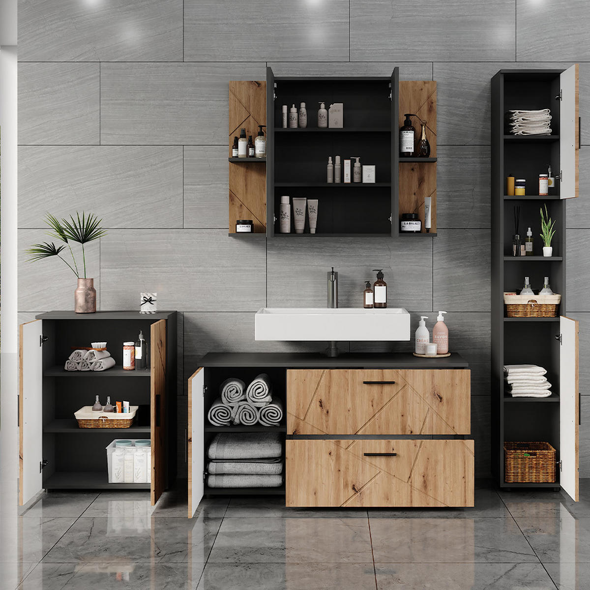 KOUPELNOVÁ SESTAVA NÁBYTKU Irma Antracit/Artisan - antracitová/dub artisan, kompozitní dřevo (120.1/60.6/41cm) - Vicco