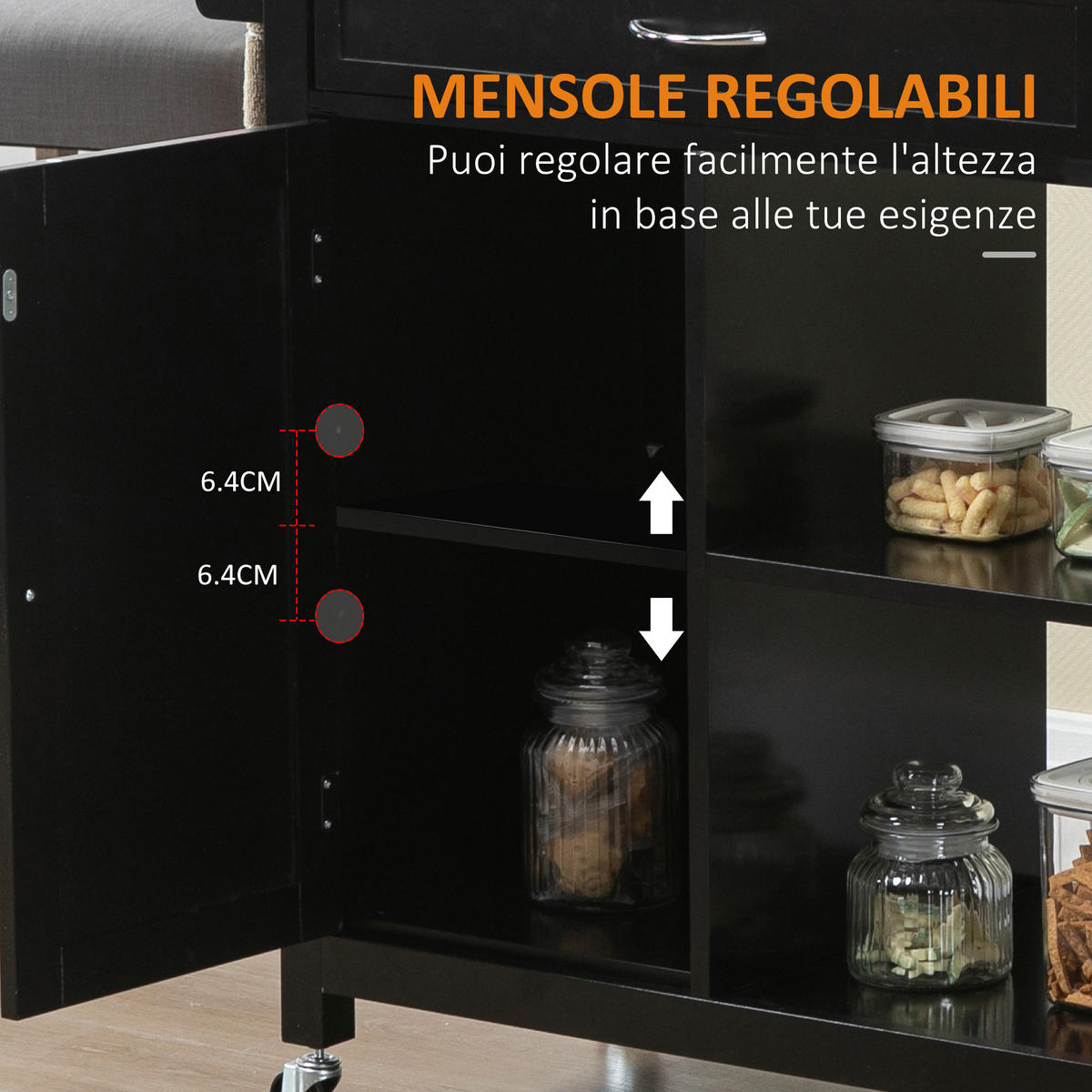 KÜCHENWAGEN, Holz-Wagen mit Schublade und Schrank, 83 x 45 x 88 cm, Schwarz - Multicolor, Metall (83/88/45cm) - FORIOUS