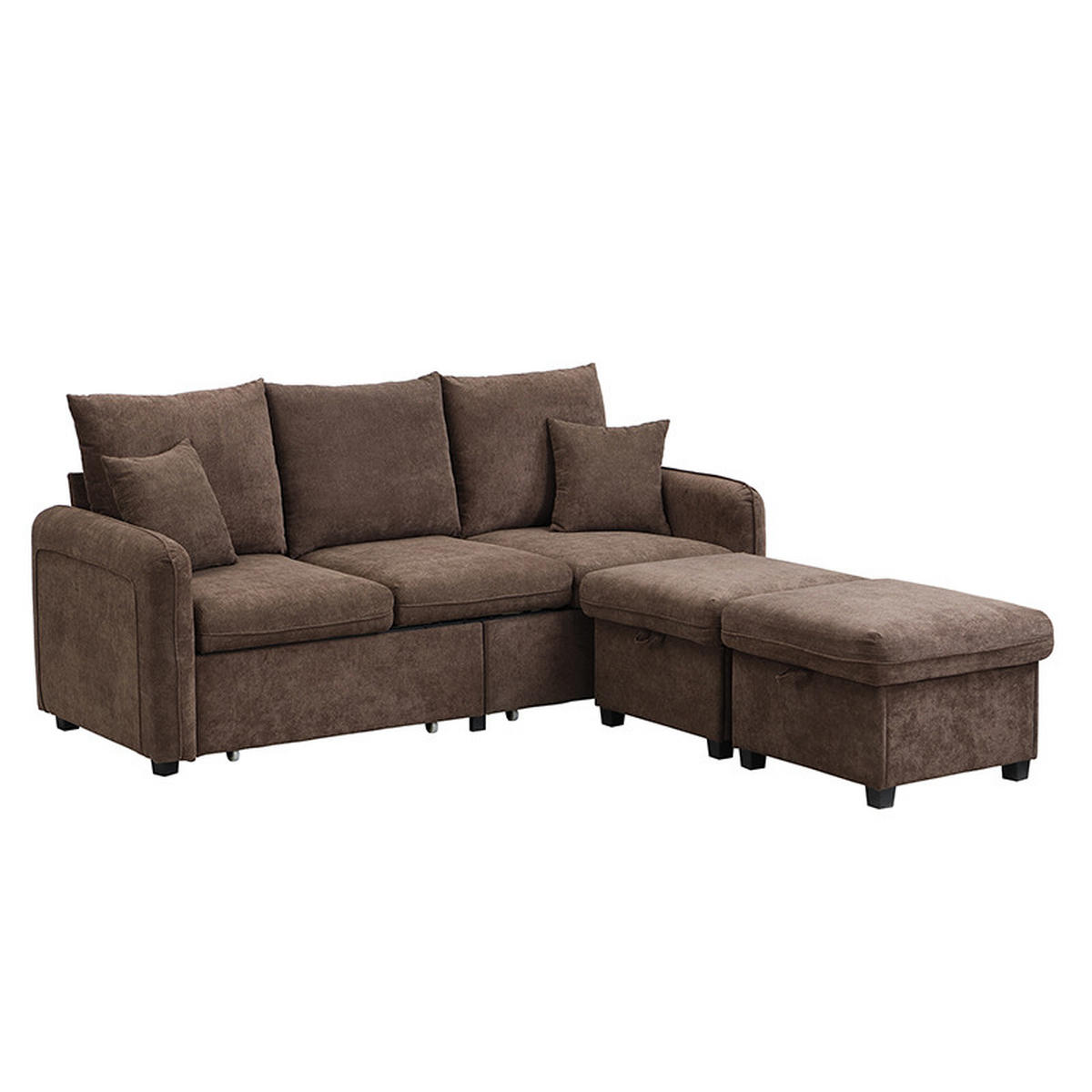 ECKSOFA-SET Chenille mit Stauraum und Schlaffunktion 3-Sitzer und 2 Hocker 188/186/86 cm Dunkelbraun - Dunkelbraun, Kunststoff/Textil (186/188cm) - Redom