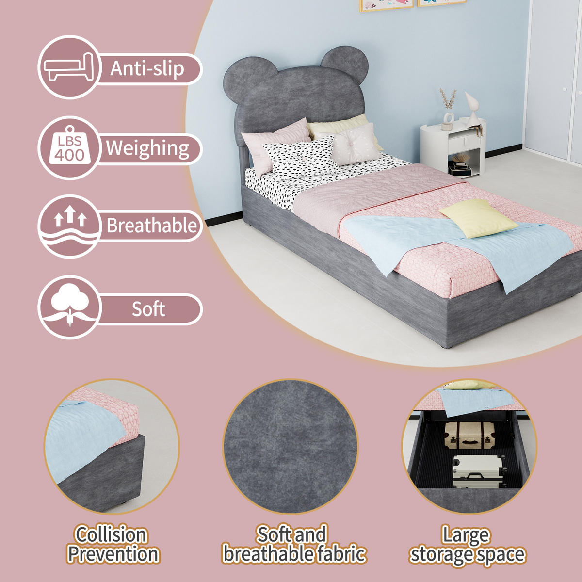 POLSTERBETT 90/200 cm in Grau mit Bettkasten Stoff im Cartoon-Design - Grau, Holzwerkstoff/Textil (90/200cm) - STILVORA