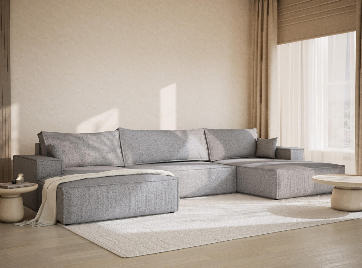 WOHNLANDSCHAFT Kyoto Hellgrau Webstoff - Hellgrau/Schwarz, Holz/Holzwerkstoff (398/70/148cm) - Maison de Reve