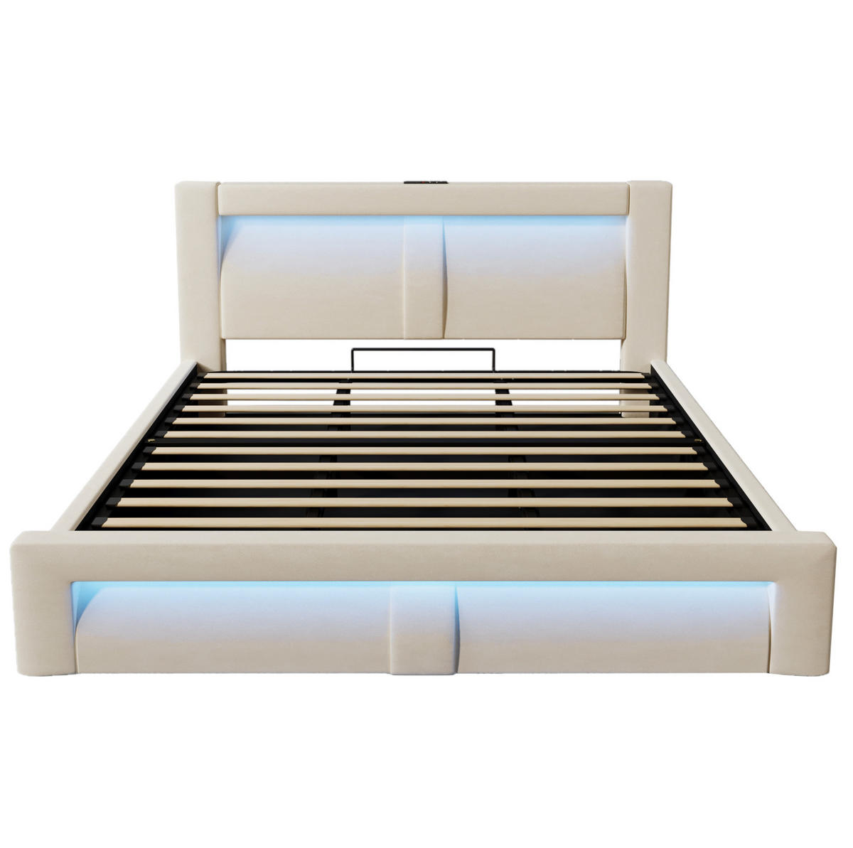 ČALOUNĚNÁ postel ze sametu 180x200 cm béžová s LED, USB a Type-C, hydraulickým úložným prostorem - béžová, textil (180/200cm) - Modfu