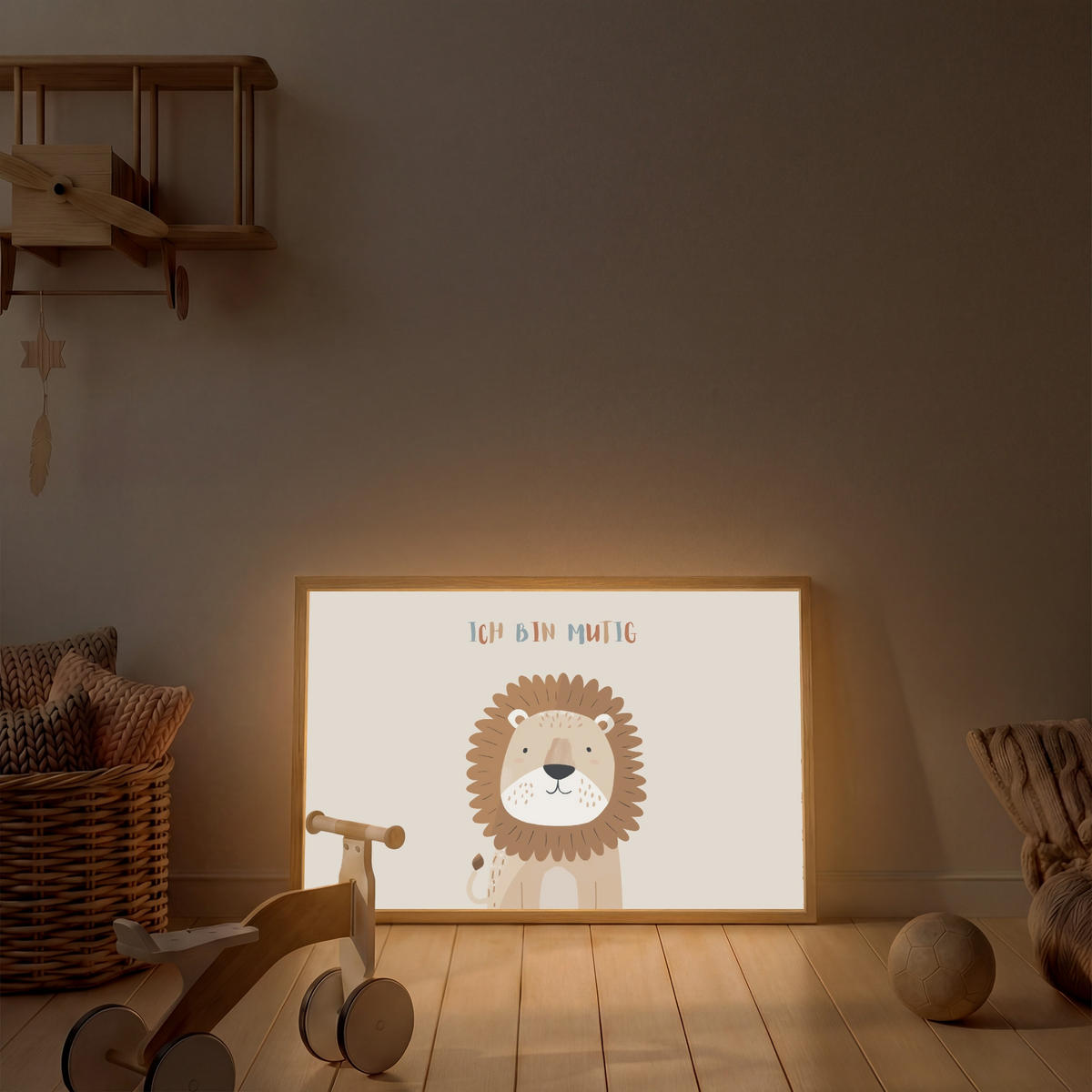 NACHTTISCHLAMPE MIT AKKU Löwe - Beige - Tier - Mutig - Zitat 90x60 cm - Beige, Holzwerkstoff (8/90/60cm) - OnlyWow