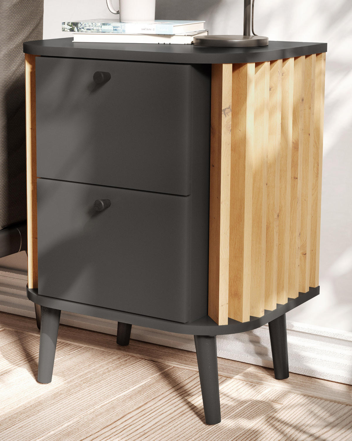 NACHTTISCH grau, Eiche Artisan 45 cm, Nachtkommode Boxspringbett geeignet - Schwarz/Eiche Artisan, Holzwerkstoff/Metall (33/60/45cm) - Inn.Furn