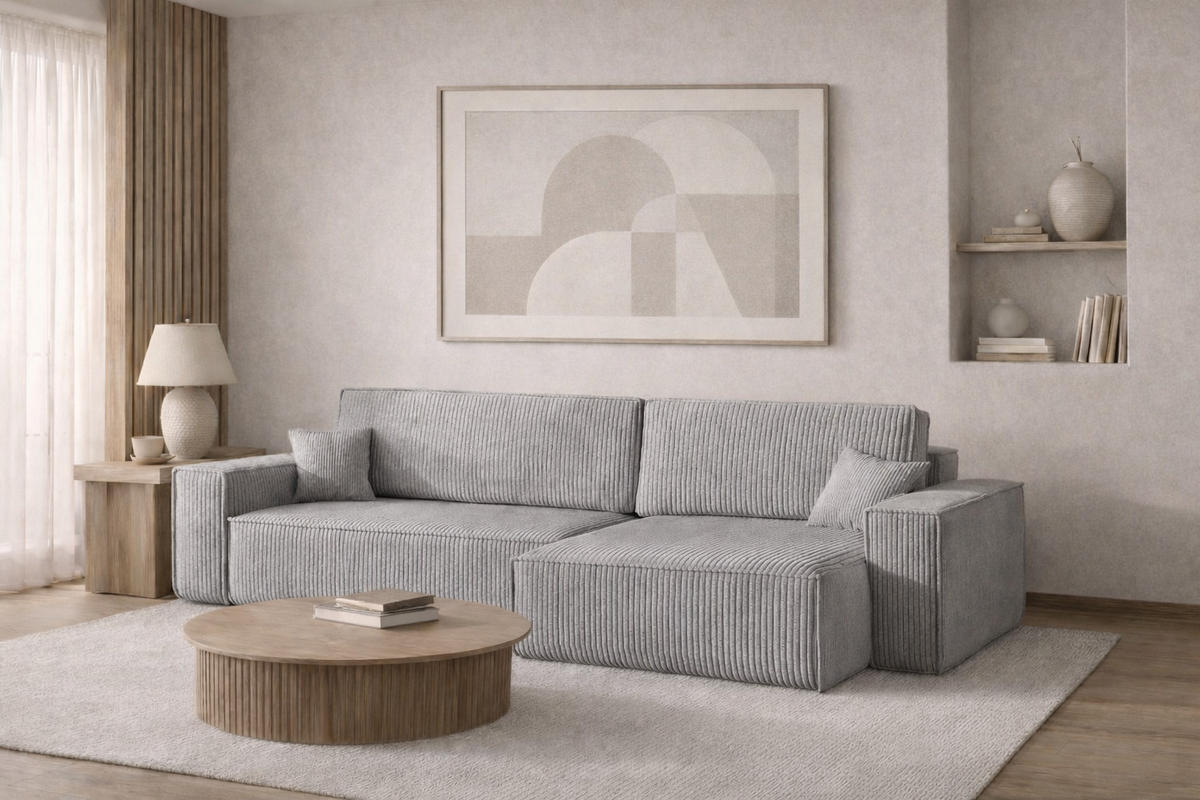 ECKSOFA Mit Schlaffunktion Und Bettkasten, Eckcouch BEST XL Stoff Poso Dicker Cord Grau Rechts - Schwarz/Grau, Holz/Kunststoff (274/83/142cm) - Kaiser Möbel