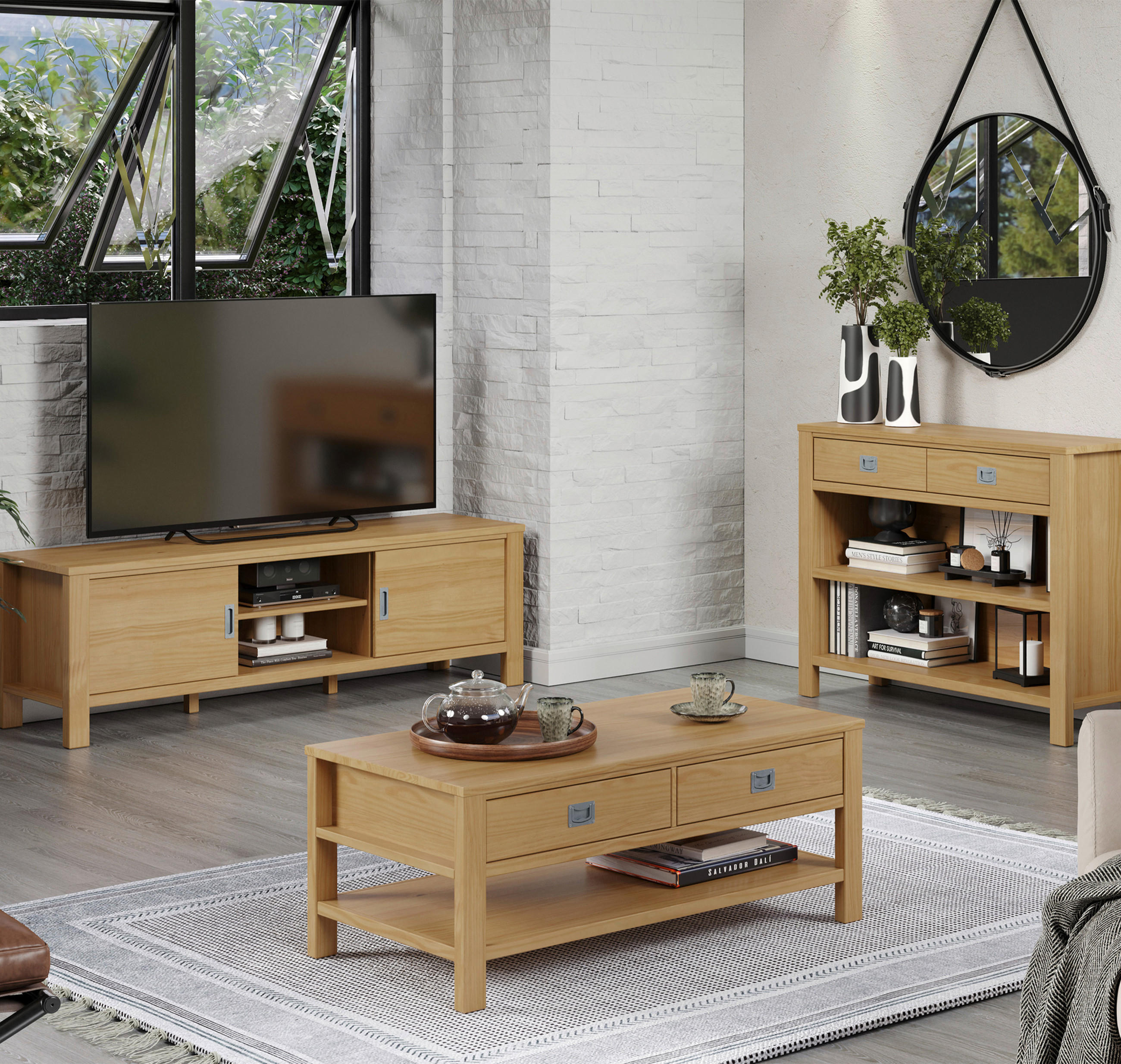 Kellerraum mit Couch und Wohnzimmer und Sideboards