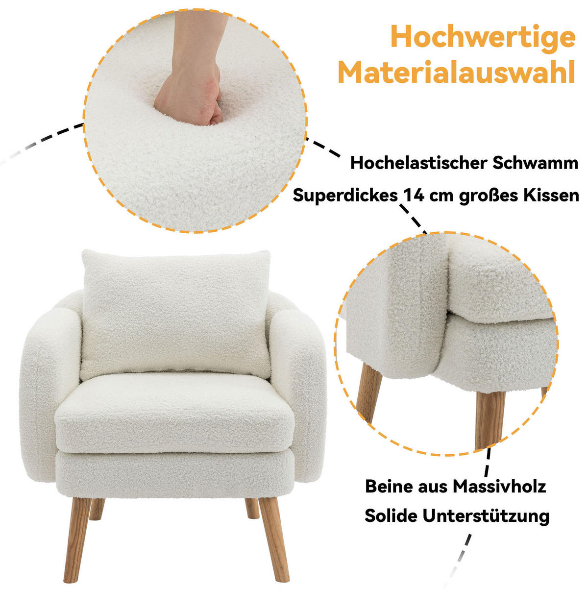 POLSTERSESSEL 71/72/71 cm aus Teddy-Samt in Weiß mit Kissen, bis 150 kg belastbar - Weiß, Textil (72/71/71cm) - BEAOK