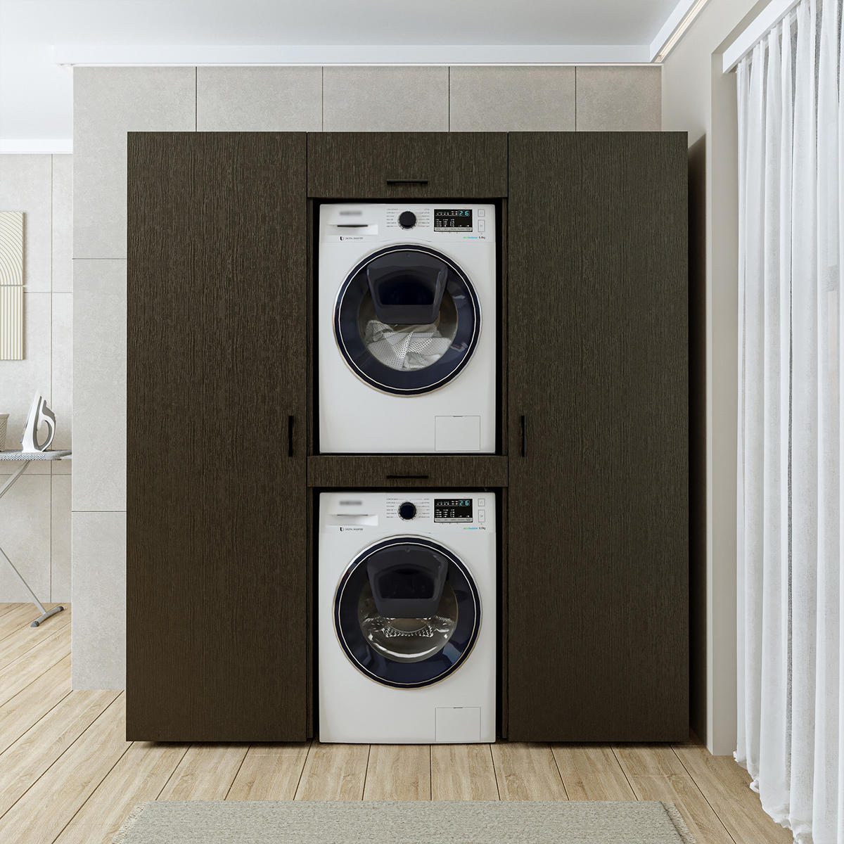 WASCHMASCHINENSCHRANK DUO-I 187cm Breit, 205cm Hoch - Schwarz, Holzwerkstoff (187/205/67cm)
