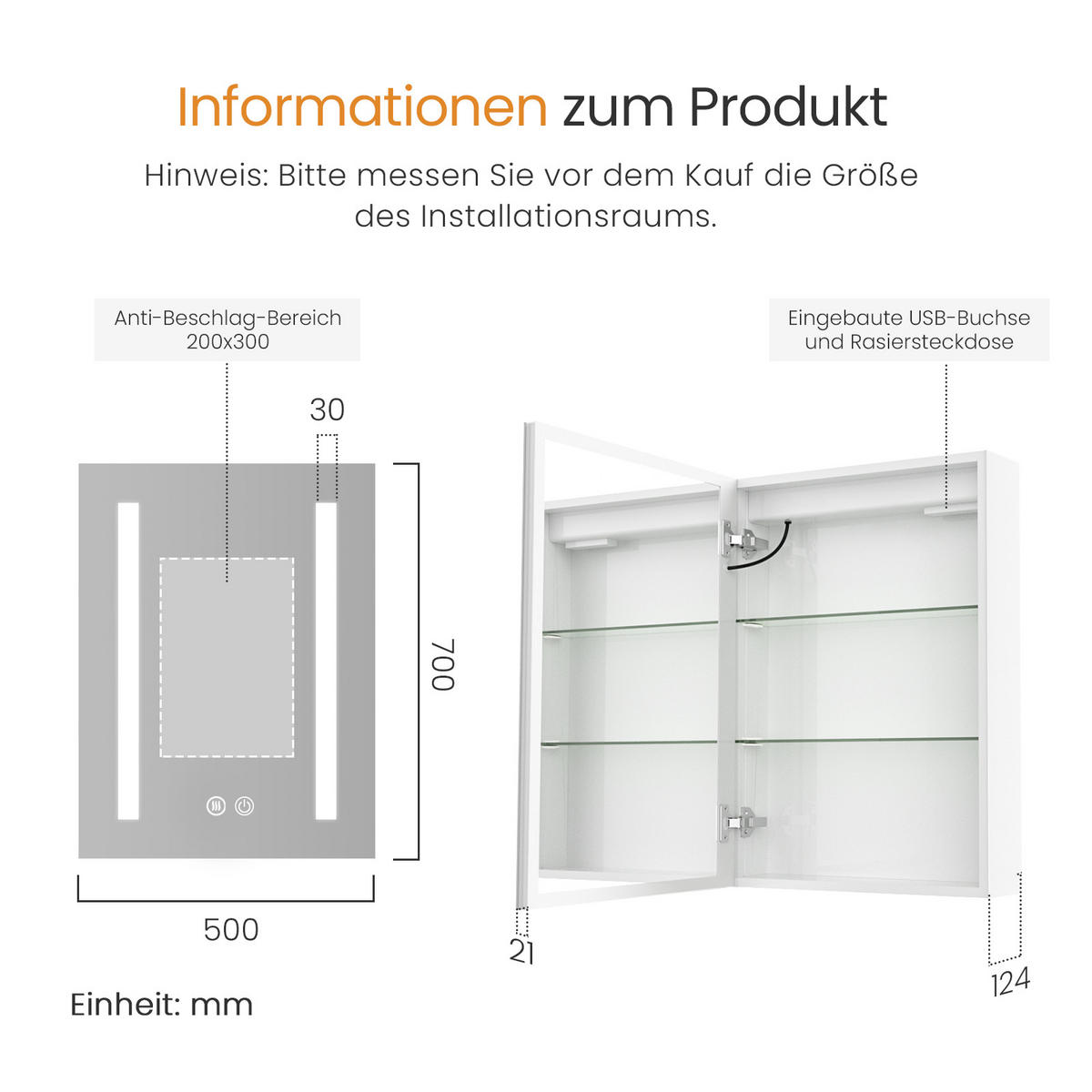 SPIEGELSCHRANK mit Beleuchtung silberweiß 70/50/14,5 - Silberfarben/Weiß, Metall (50/70/14.5cm) - EMKE