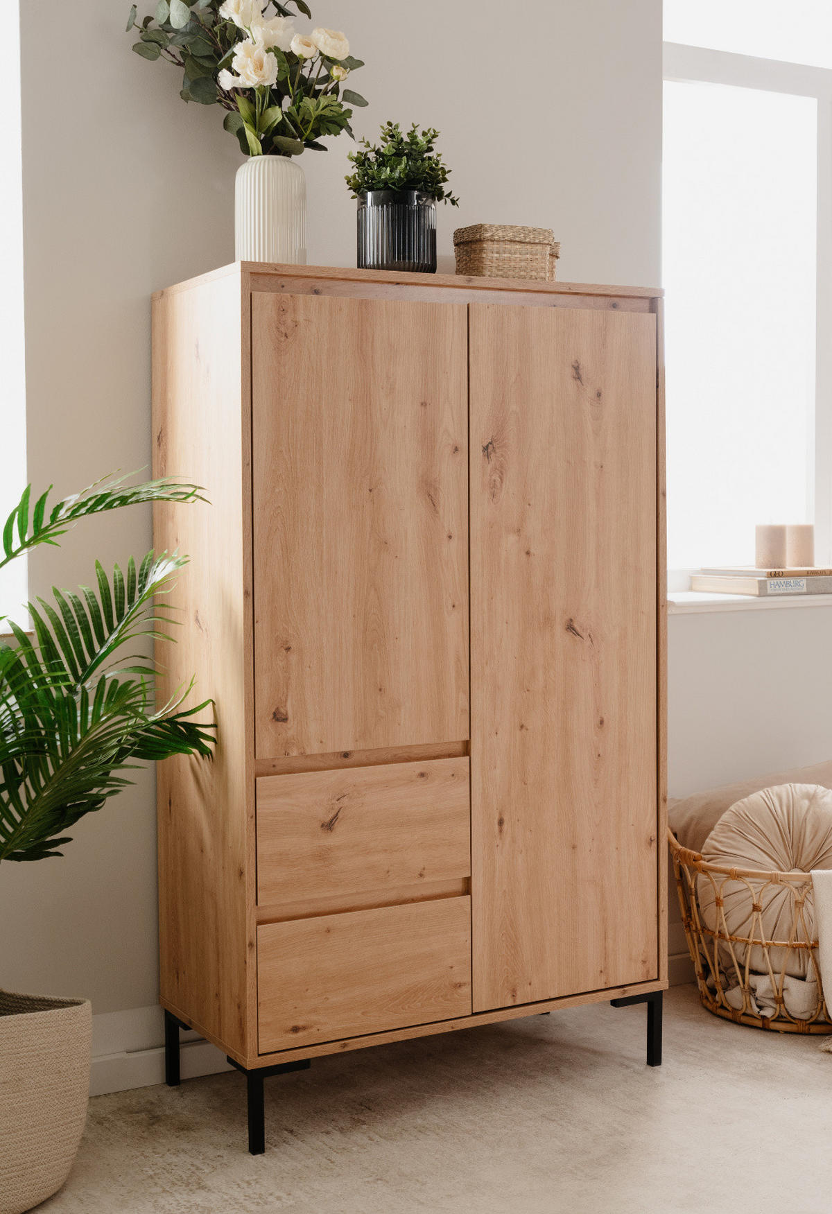 HIGHBOARD Eiche Artisan 81 cm, Anrichte mit 6 Fächern - Schwarz/Eiche Artisan, Holzwerkstoff/Metall (81/139/40cm) - Furn.Design
