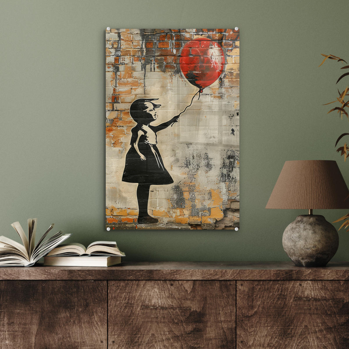 ACRYLGLASBILD Graffiti - Banksy - Mädchen - Straßenkunst 40x60 cm - Sandfarben, Glas (40/60cm) - MuchoWow