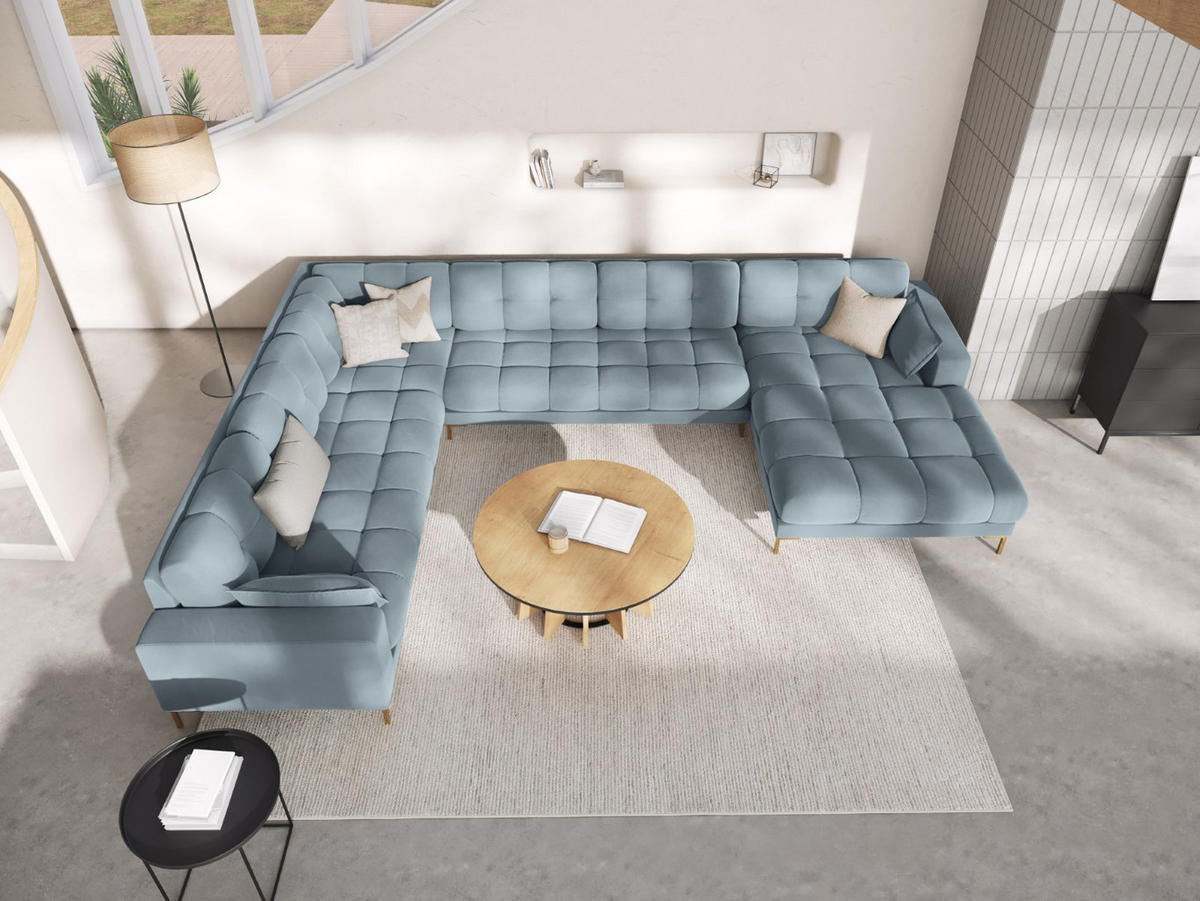 PANORAMASOFA links Mamaia aus Samt hellblau 7 Sitzplätze - Hellblau, Textil (256/75/327cm) - Micadoni