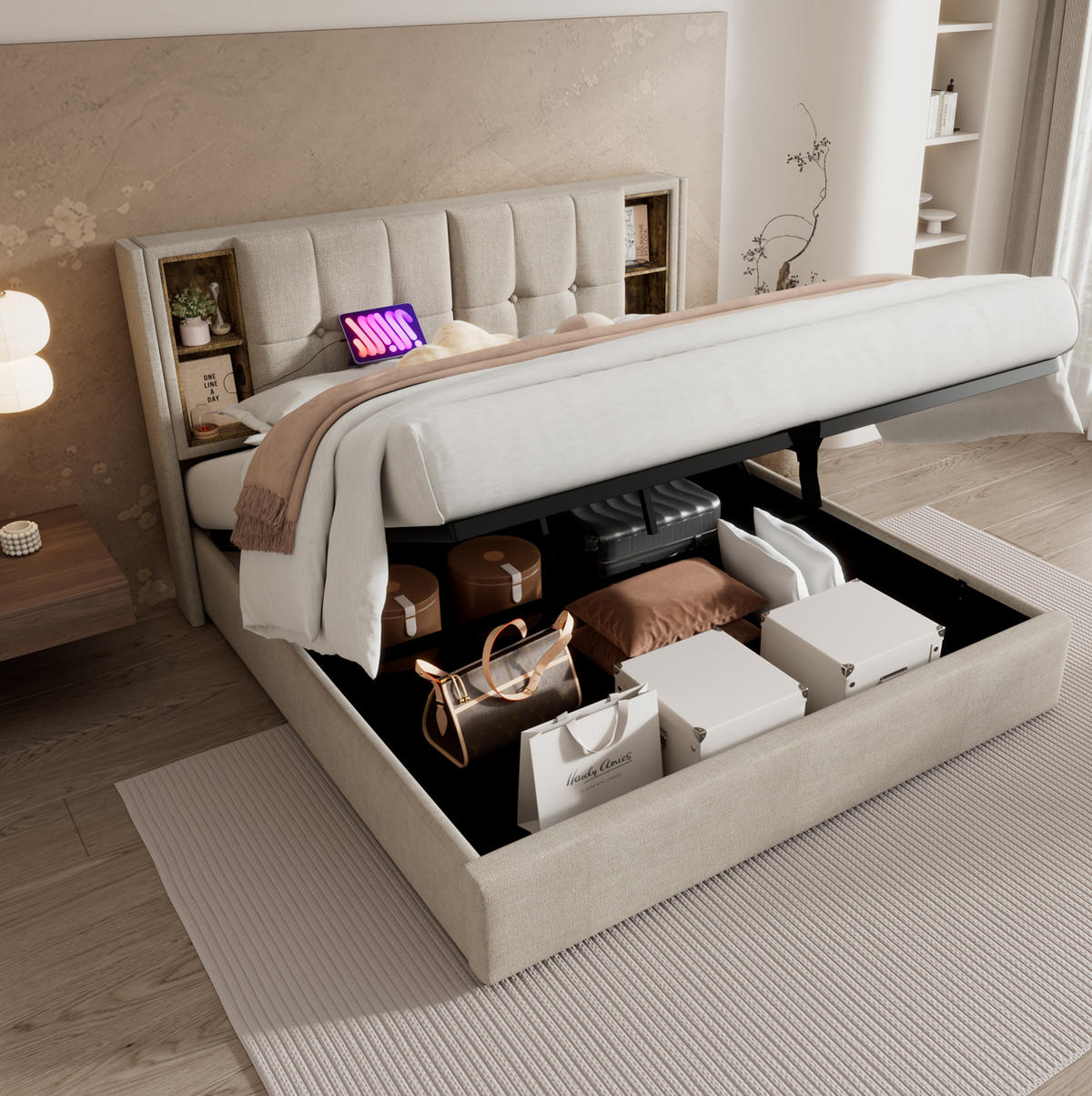 POLSTERBETT 160/200 cm mit kabellosem Laden, USB-C, Bettkasten und Matratze aus Leinen, Natur - Naturfarben, Textil (160/200cm) - Redom
