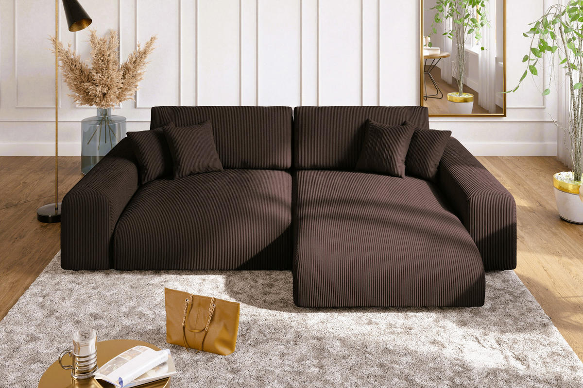 ECKSOFA mit Schlaffunktion und Bettkasten 255/165/84 cm, Wellenfedern, Ottomane beidseitig montierbar, Cord in Dunkel-Braun / 21003 - Dunkelbraun/Schwarz, Kunststoff/Textil (255/165cm) - luma-home