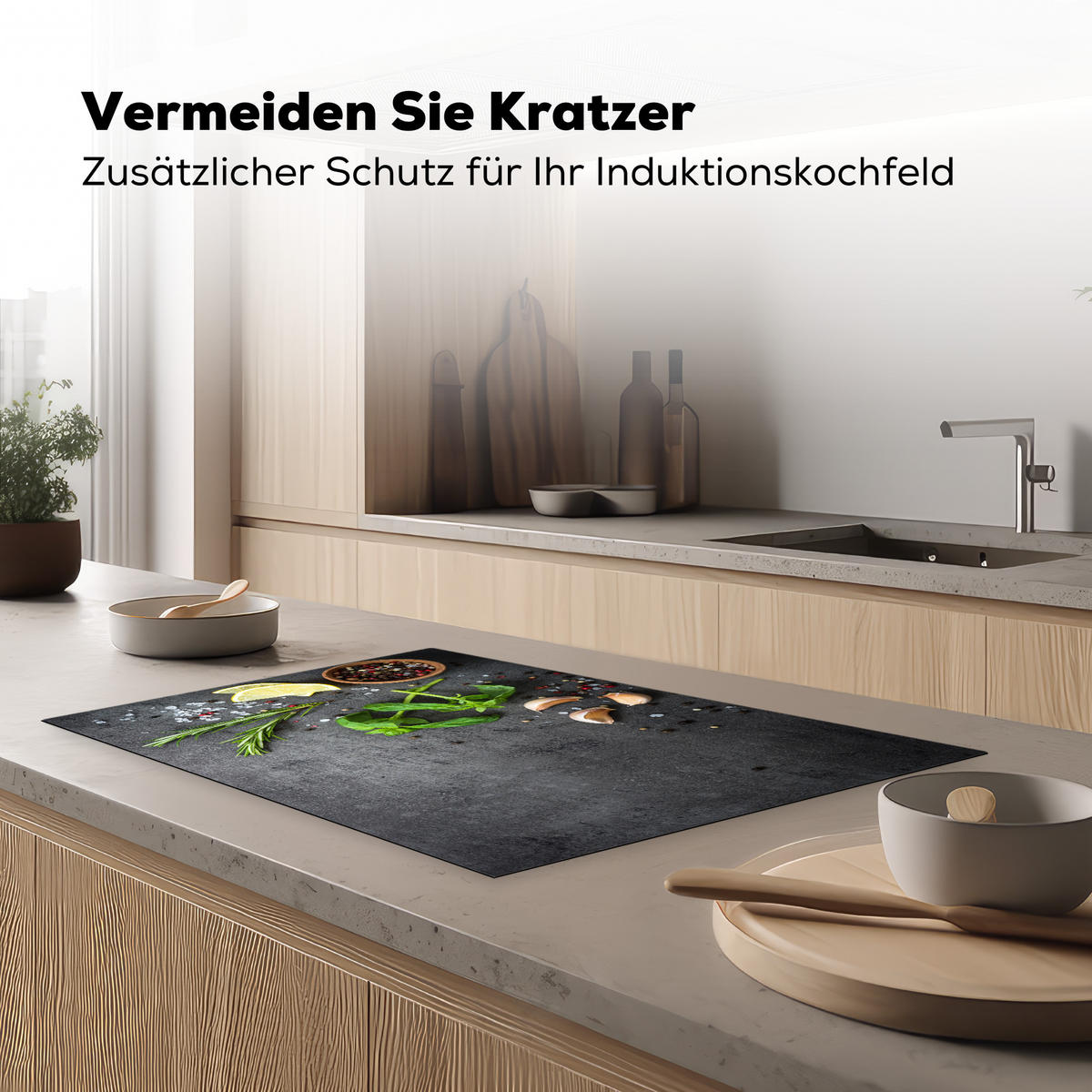 HERDABDECKPLATTE Limette - Kräuter - Gewürze - Grün - Grau - Beton Ceranfeldabdeckung 80x52 cm - Grün, Kunststoff (80/52/0.2cm) - MuchoWow