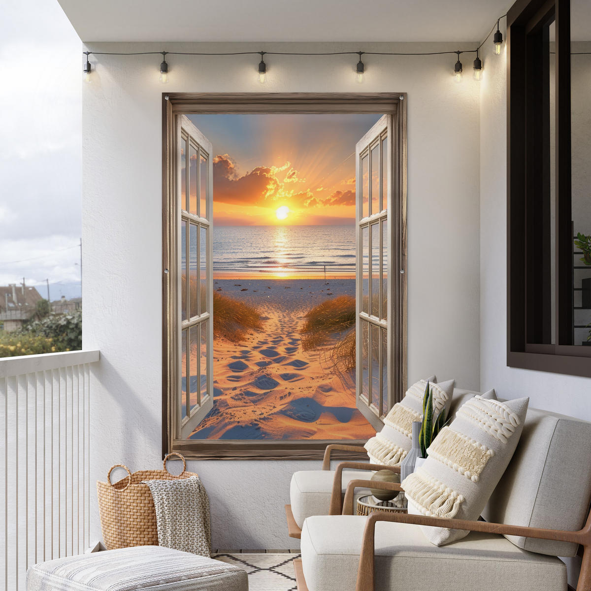 GARTENPOSTER Durchblick - Strand - Dünen - Sonnenuntergang 120x180 cm - Orange, Kunststoff (120/180/0.2cm) - OnlyWow